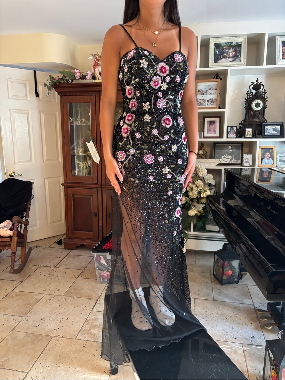 Black Beaded Evening Gown with Pink Floral Embroidery - Picture 9 of 9